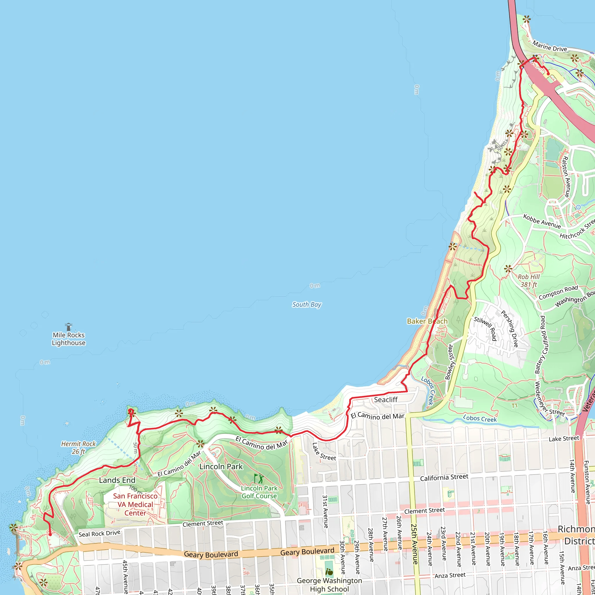 Coastal and Batteries to Bluffs Trail - Sutro Heights Park mobile static map