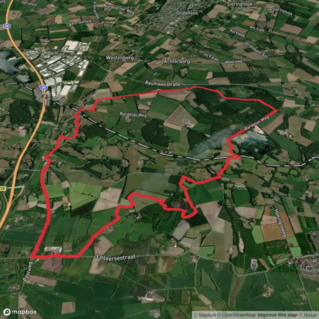 An image depicting the trail Baggersee Bardel via Hengelerheurne Weg and its surrounding area.