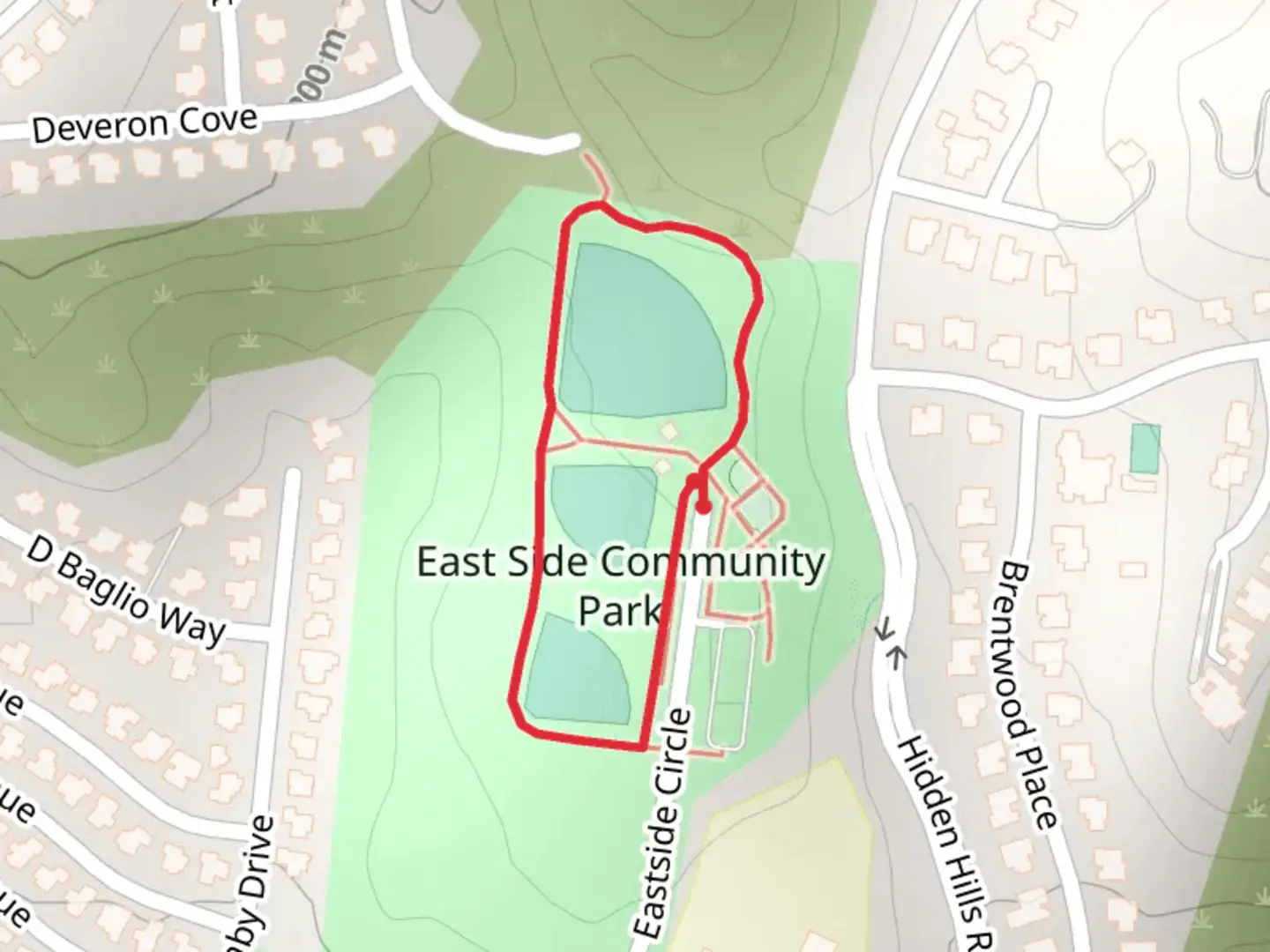 An image depicting the trail East Side Community Park Path Loop and its surrounding area.