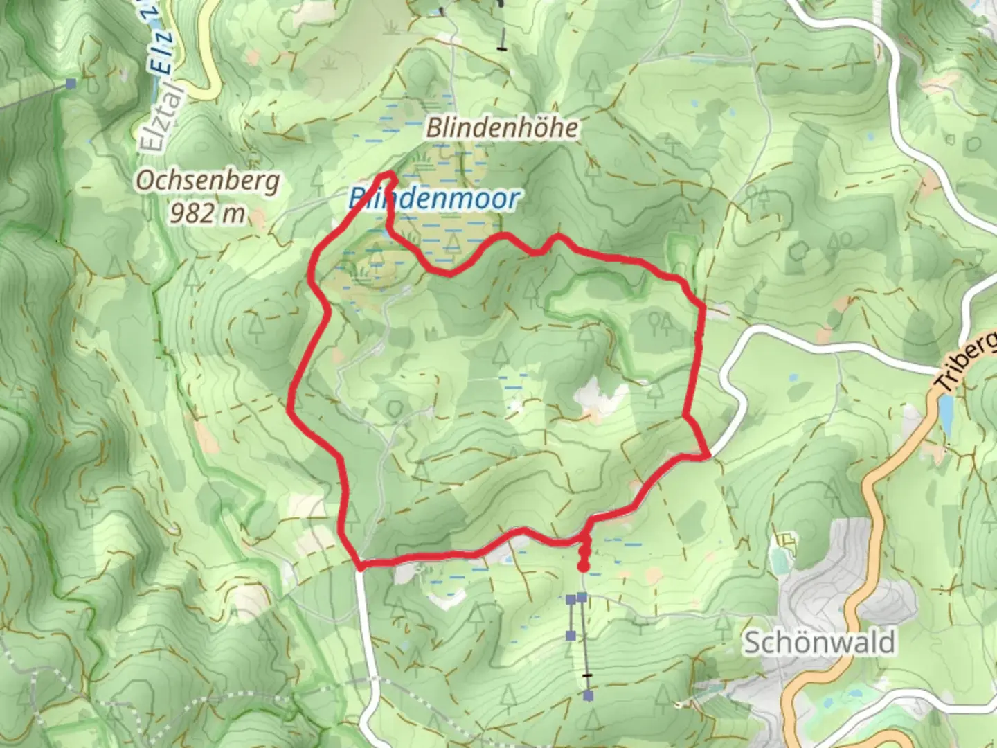 An image depicting the trail Schwarzenbach, Blindenhausle, Blindensee and Weißenbacher Hohe Loop and its surrounding area.