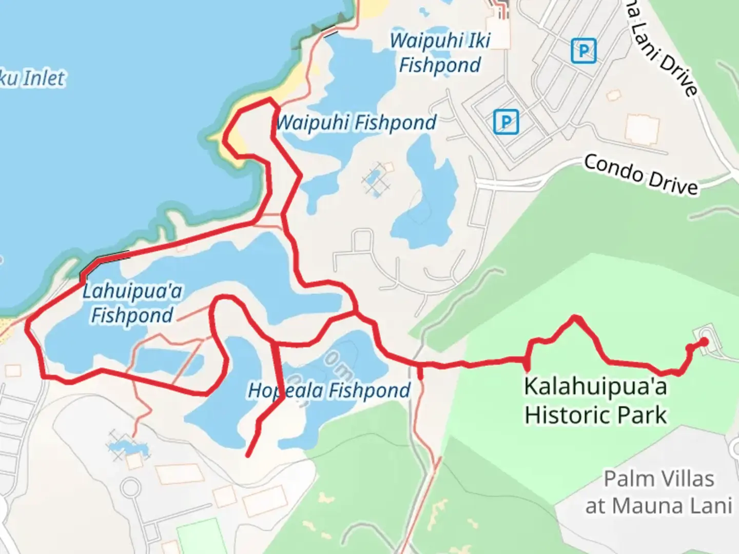 An image depicting the trail Hopeaia and Manoku Fishpond Loop and its surrounding area.