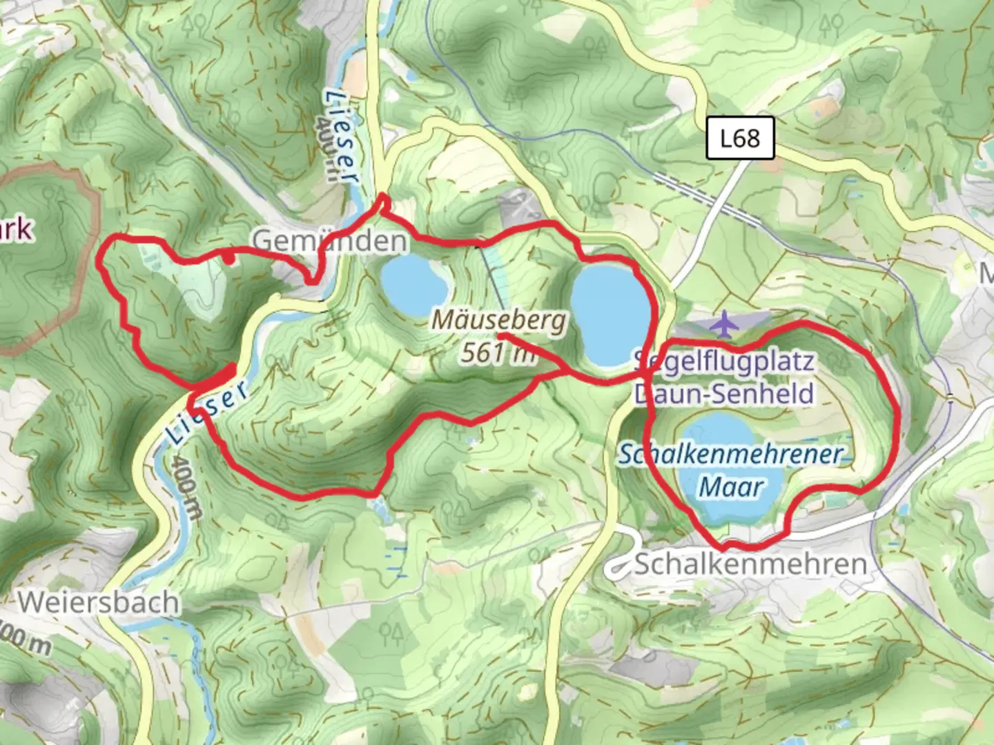 An image depicting the trail Dronketurm and Weinfelder Maar Loop and its surrounding area.