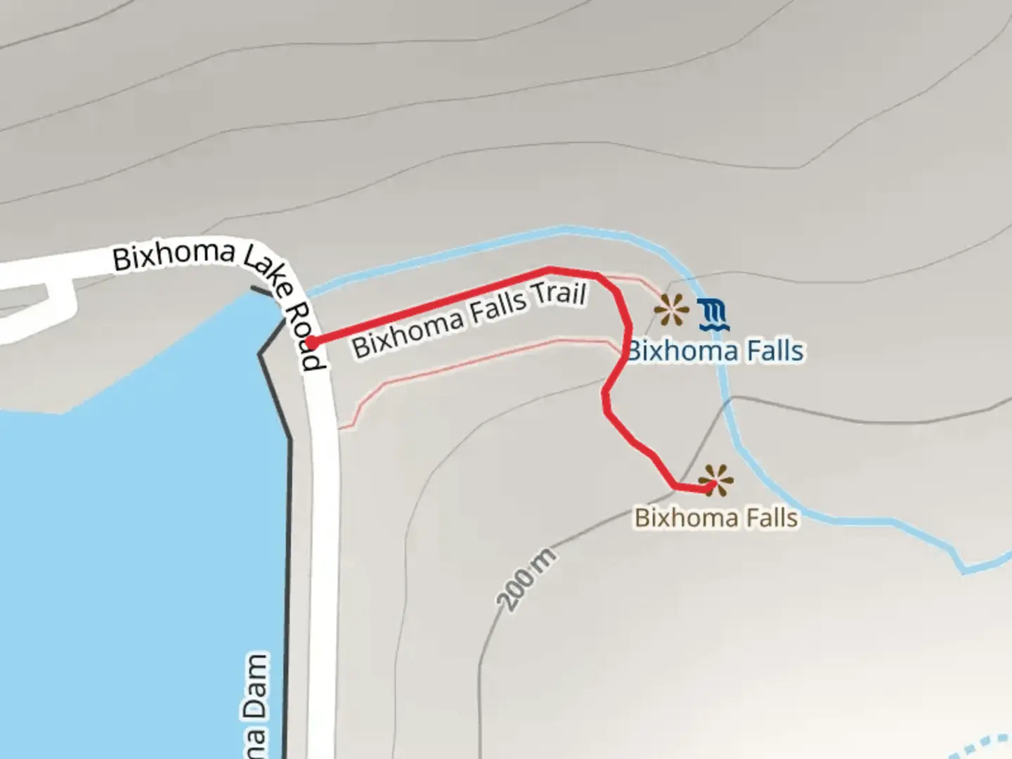 An image depicting the trail Bixhoma Falls Trail and its surrounding area.
