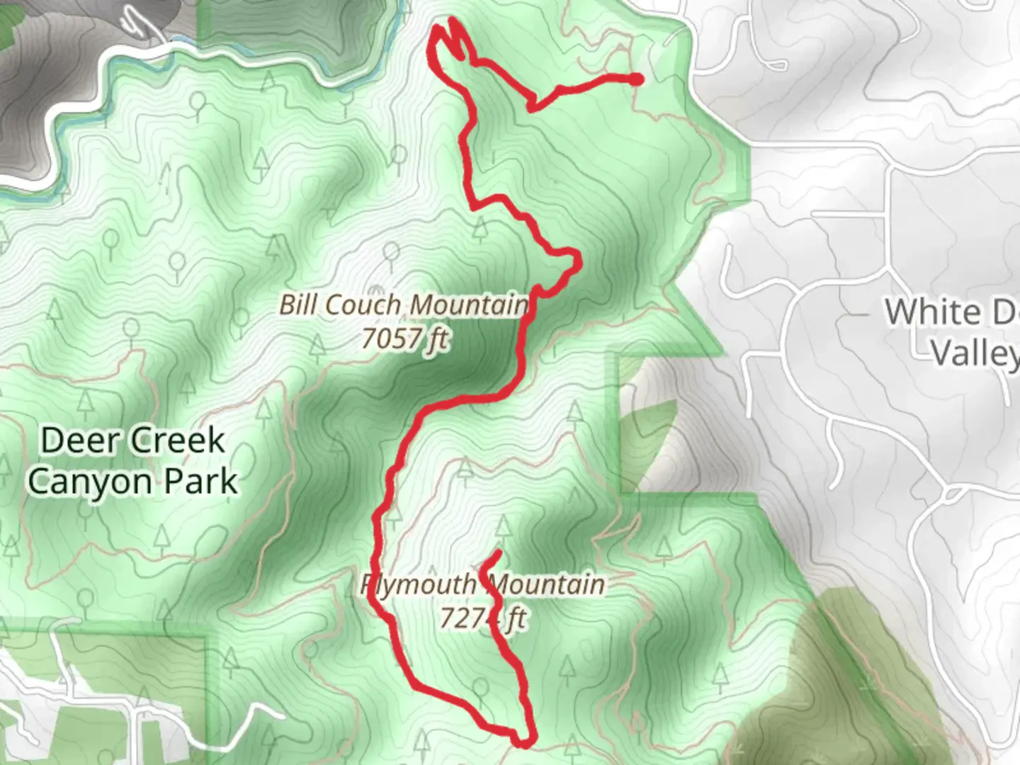 An image depicting the trail Plymouth Mountain via Plymouth Creek Trail and its surrounding area.