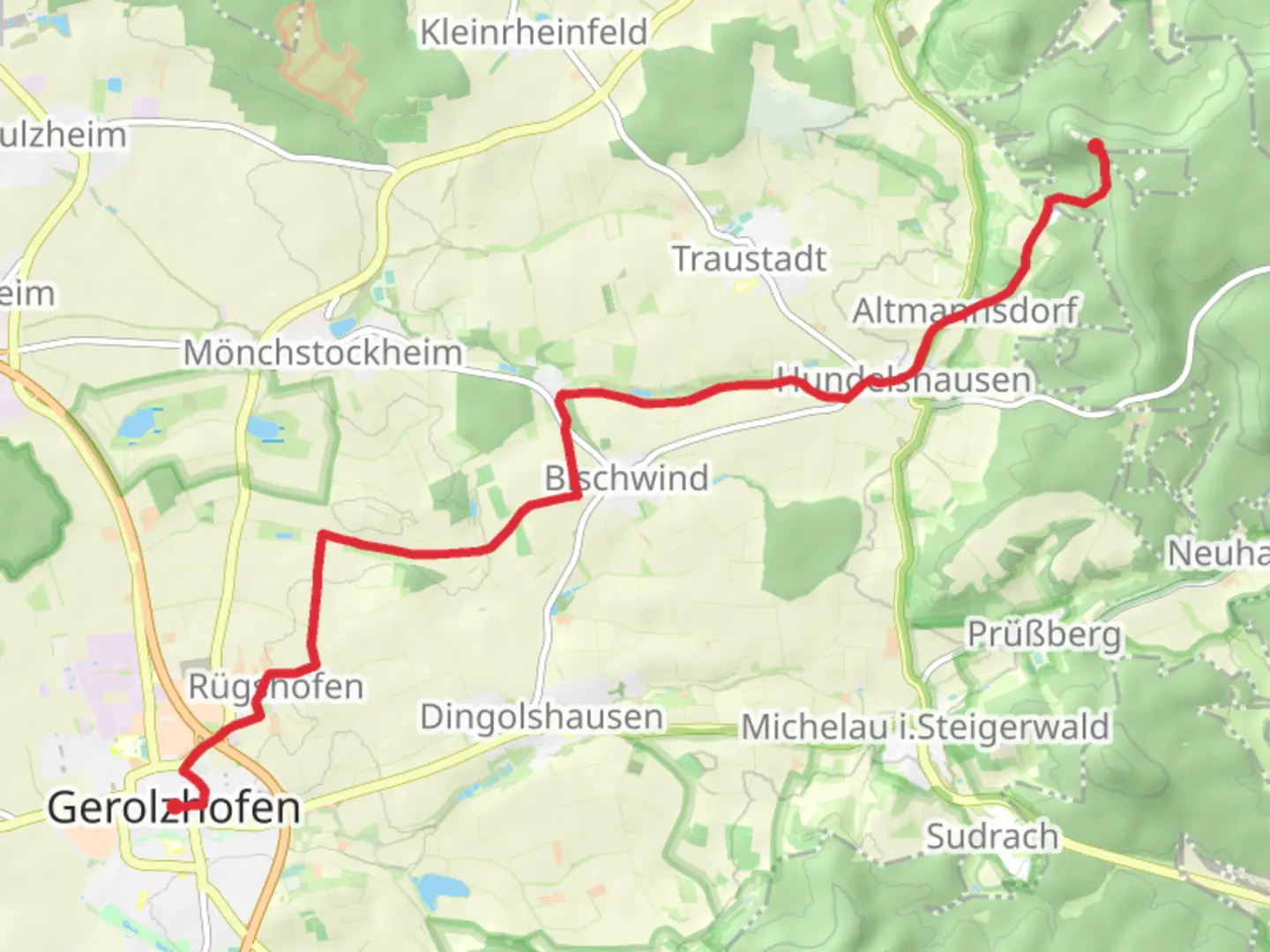 An image depicting the trail Gerolzhofen to Burgruine Zabelstein via Mainweg Teil and its surrounding area.