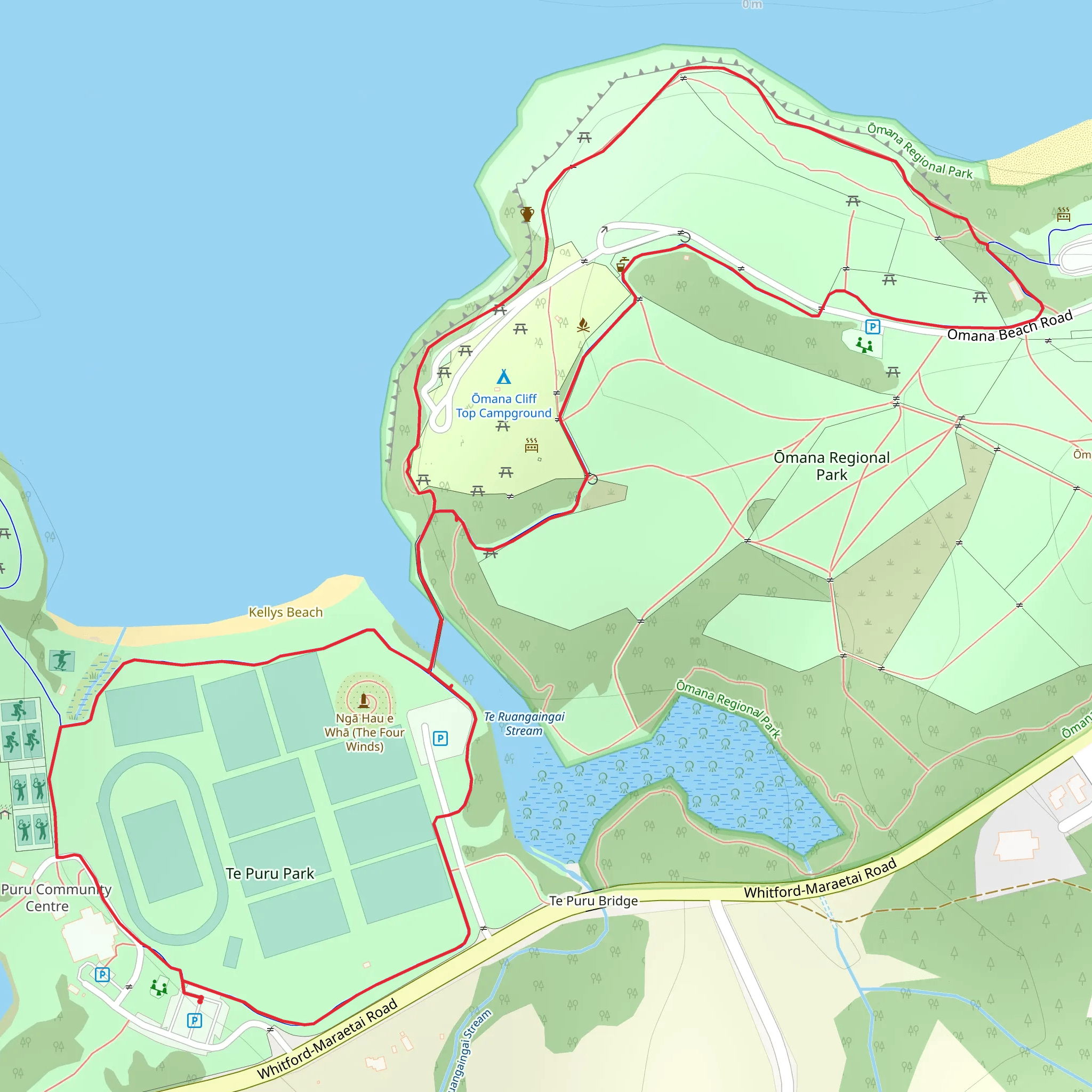 Te Puru Park Loop to Omana Beach mobile static map