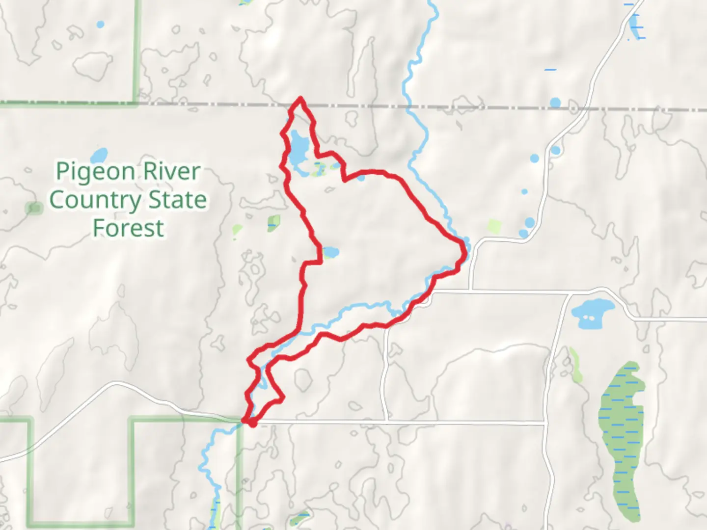 An image depicting the trail Pigeon Bridge and Grass Lake Loop via Fisherman Road and its surrounding area.