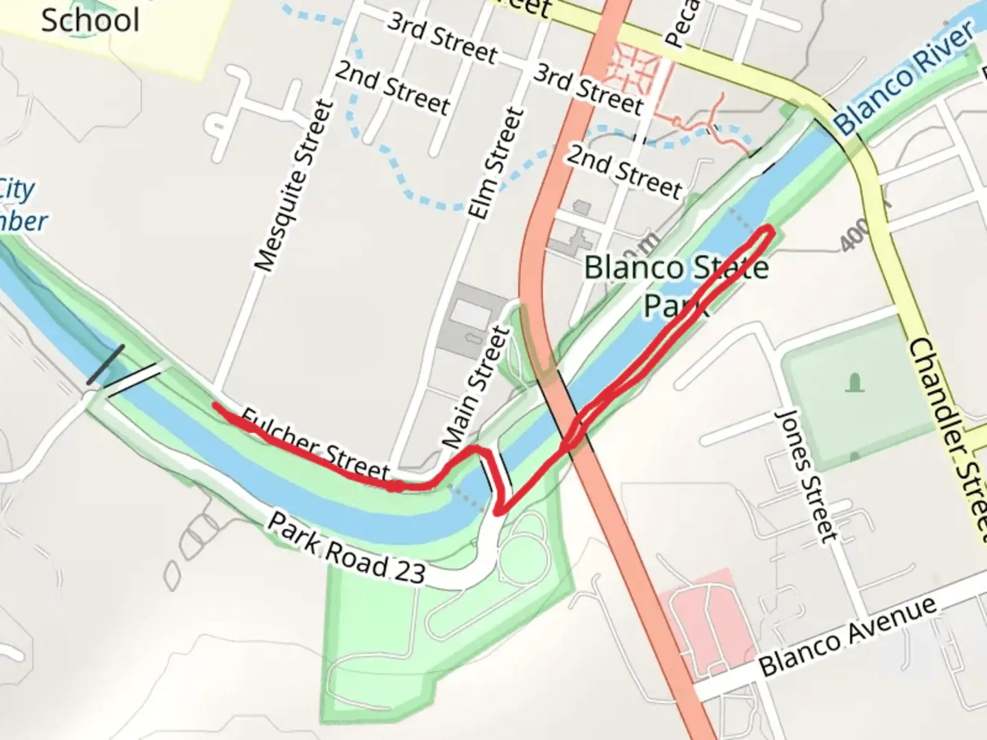 An image depicting the trail Blanco State Park via Caswell Nature Trail and Pumphouse Trail and its surrounding area.