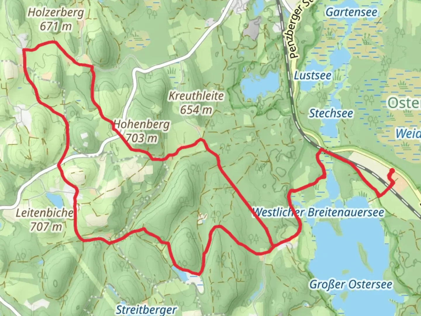 An image depicting the trail Lauterbacher Wald and Buckelsberg Loop via Grober Ostersee and its surrounding area.
