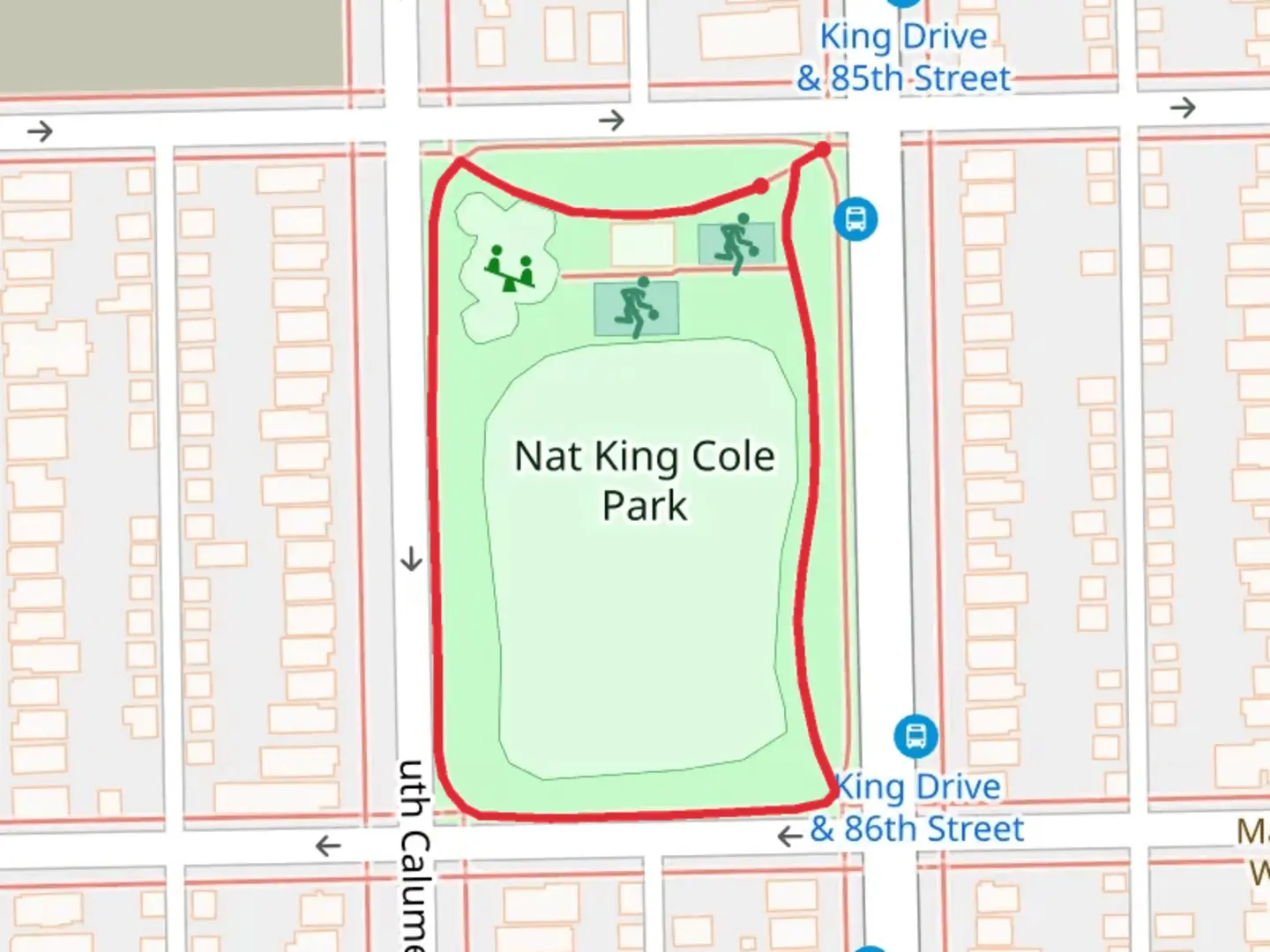 An image depicting the trail Nat King Cole Park Loop and its surrounding area.