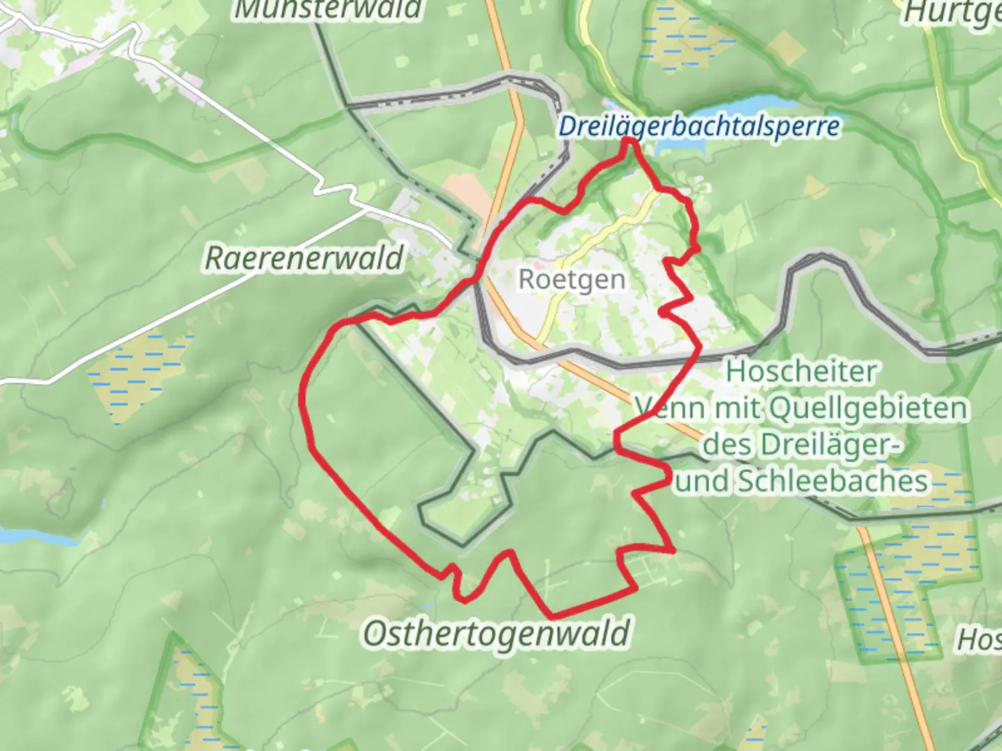 An image depicting the trail Roetgen and Schwerzfeld Loop and its surrounding area.