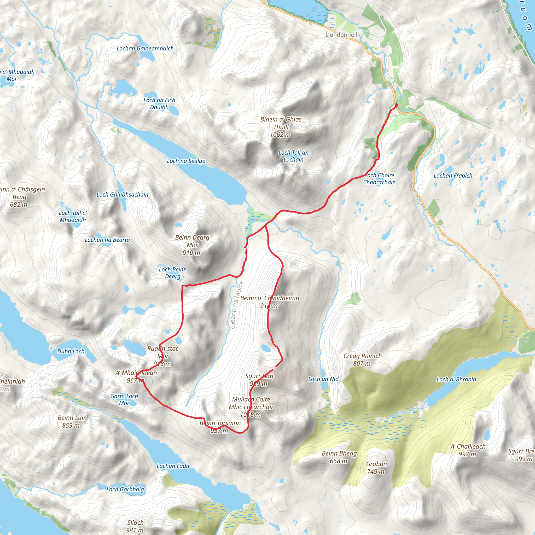 Sgurr Bàn and Mullach Coire Mhic Fhearchair Loop from Corrie Hallie mobile static map