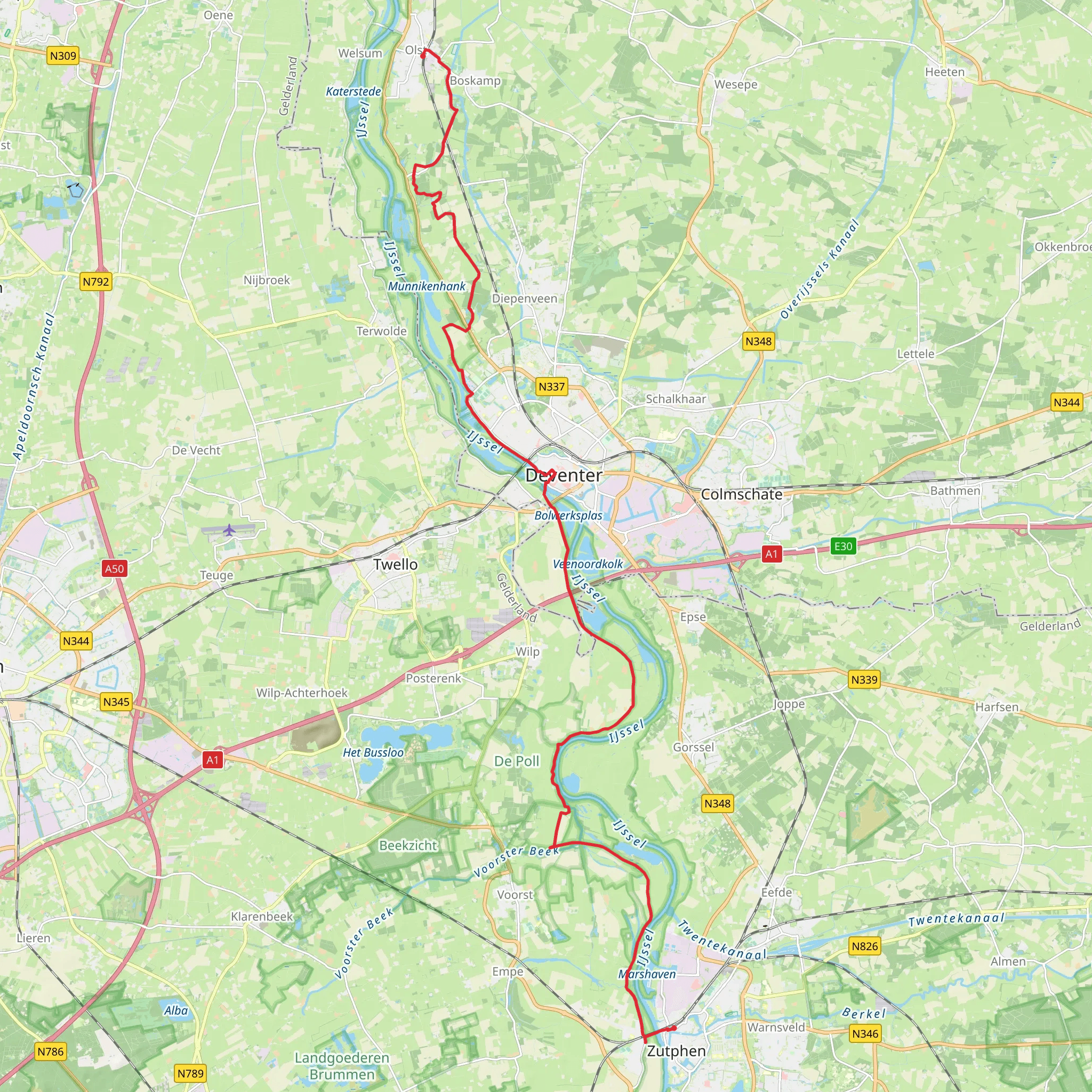 Olst to Zutphen via Sallandpad and Hanzestedenpad mobile static map