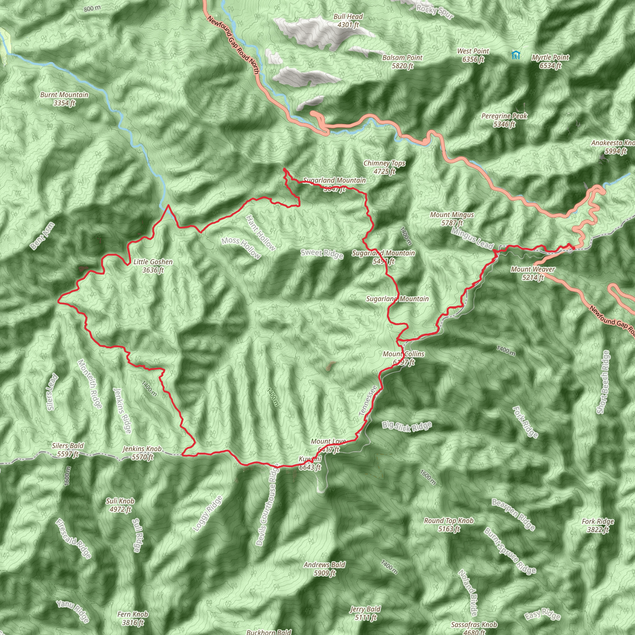 Mount Buckley and Sugarland Mountain Loop via Goshen Prong Trail mobile static map