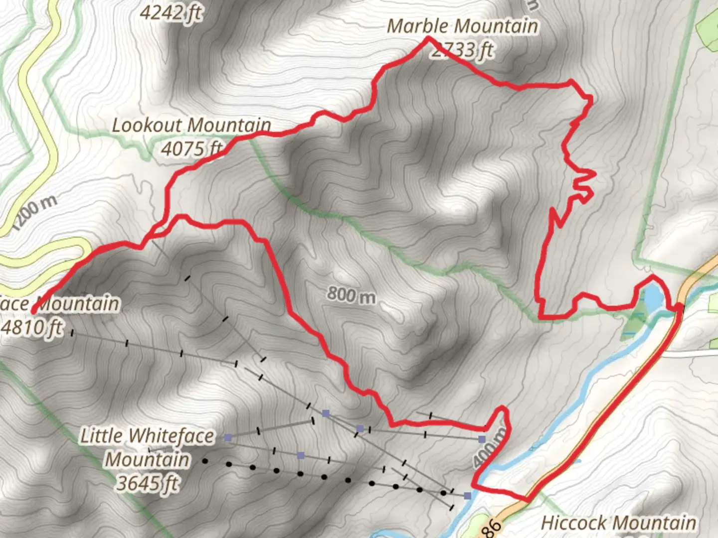 An image depicting the trail Marble Mountain and Whiteface Mountain Loop from West Branch Ausable River and its surrounding area.