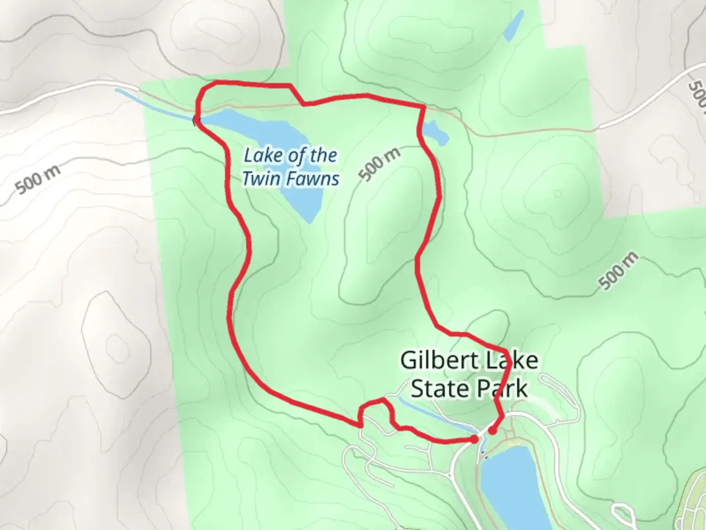 An image depicting the trail Lake of the Twin Fawns and Gilbert Lake State Park Loop and its surrounding area.