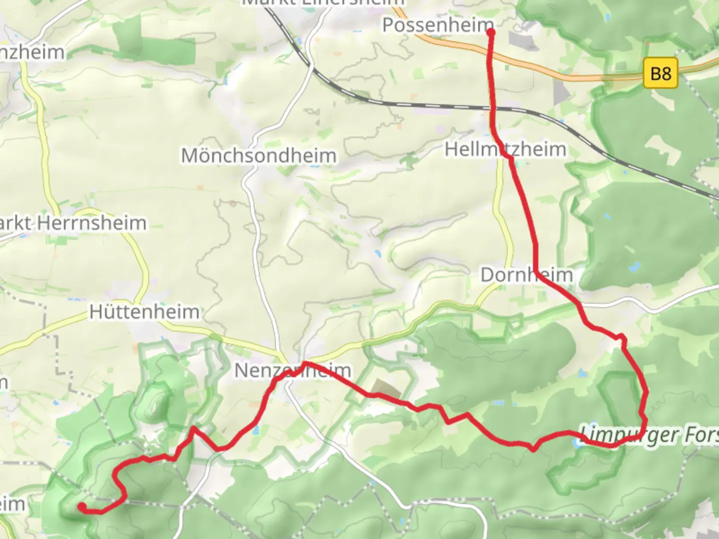 An image depicting the trail Bullenheim to Possenheim Walk and its surrounding area.