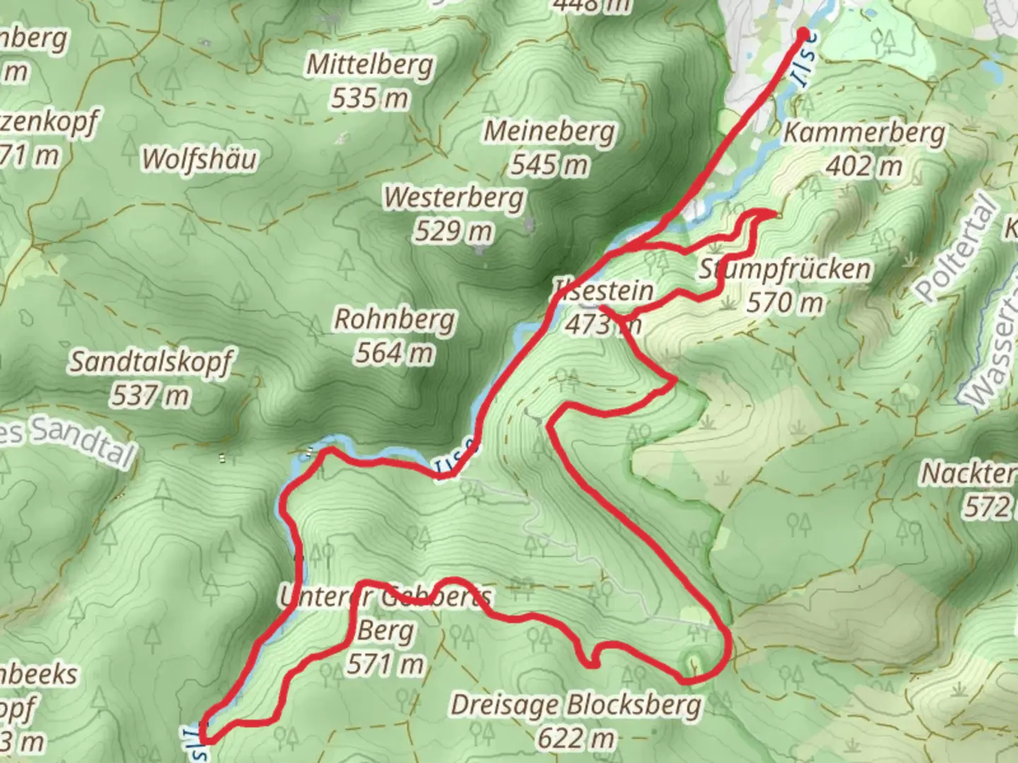 An image depicting the trail Ilsestein via Brockenlauf and Ilsenburg - Plessenburg - Darlingerode and its surrounding area.