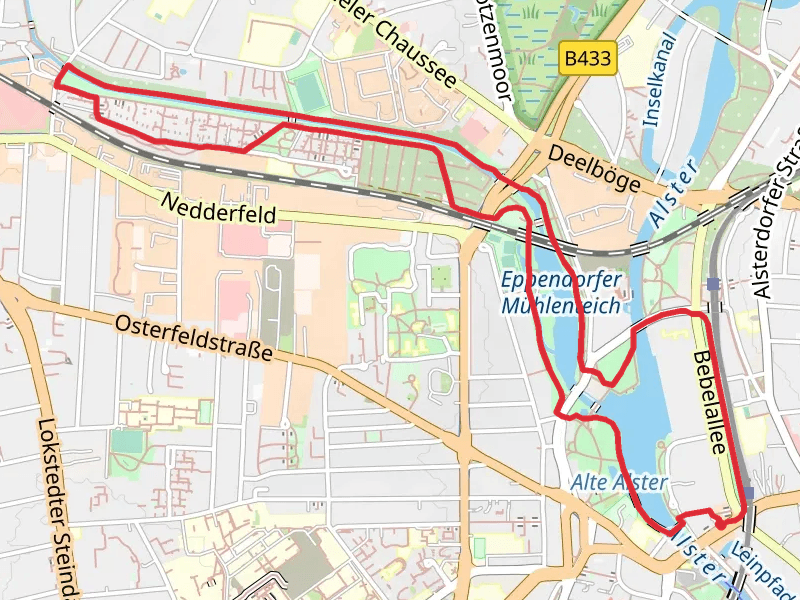 Meenkwiese, Eppendorfer Muehlenteich and Alster via Tarpenbek-Kollau-Wanderweg