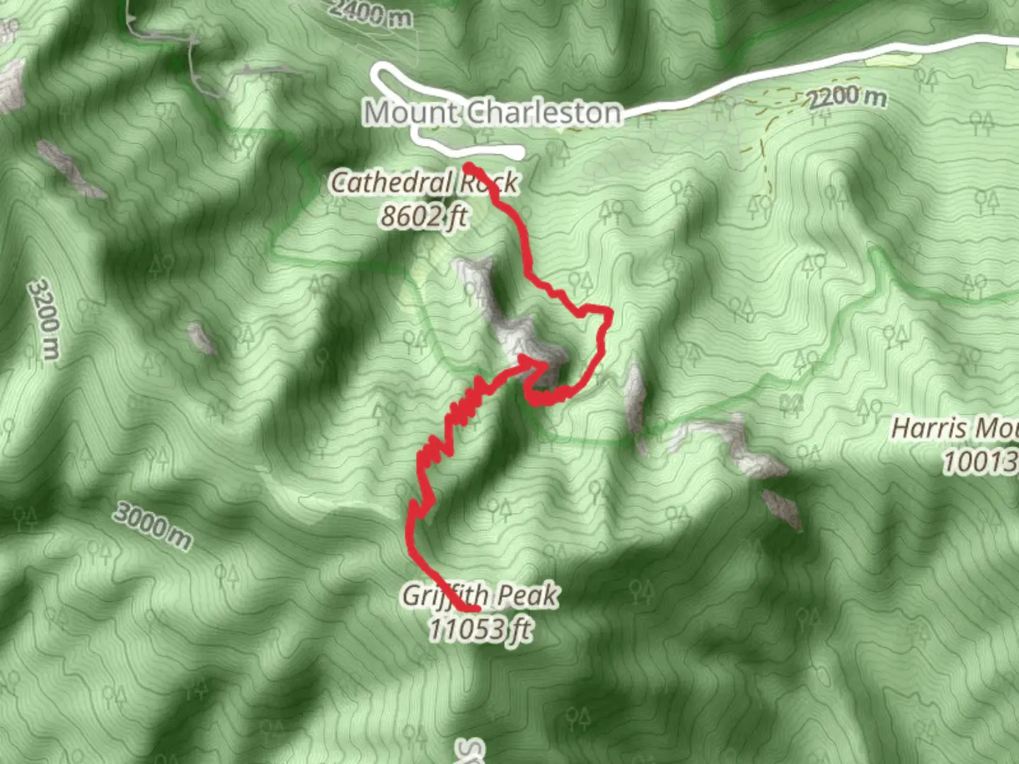 An image depicting the trail Griffith Peak via Charleston Peak Trail South Loop and its surrounding area.