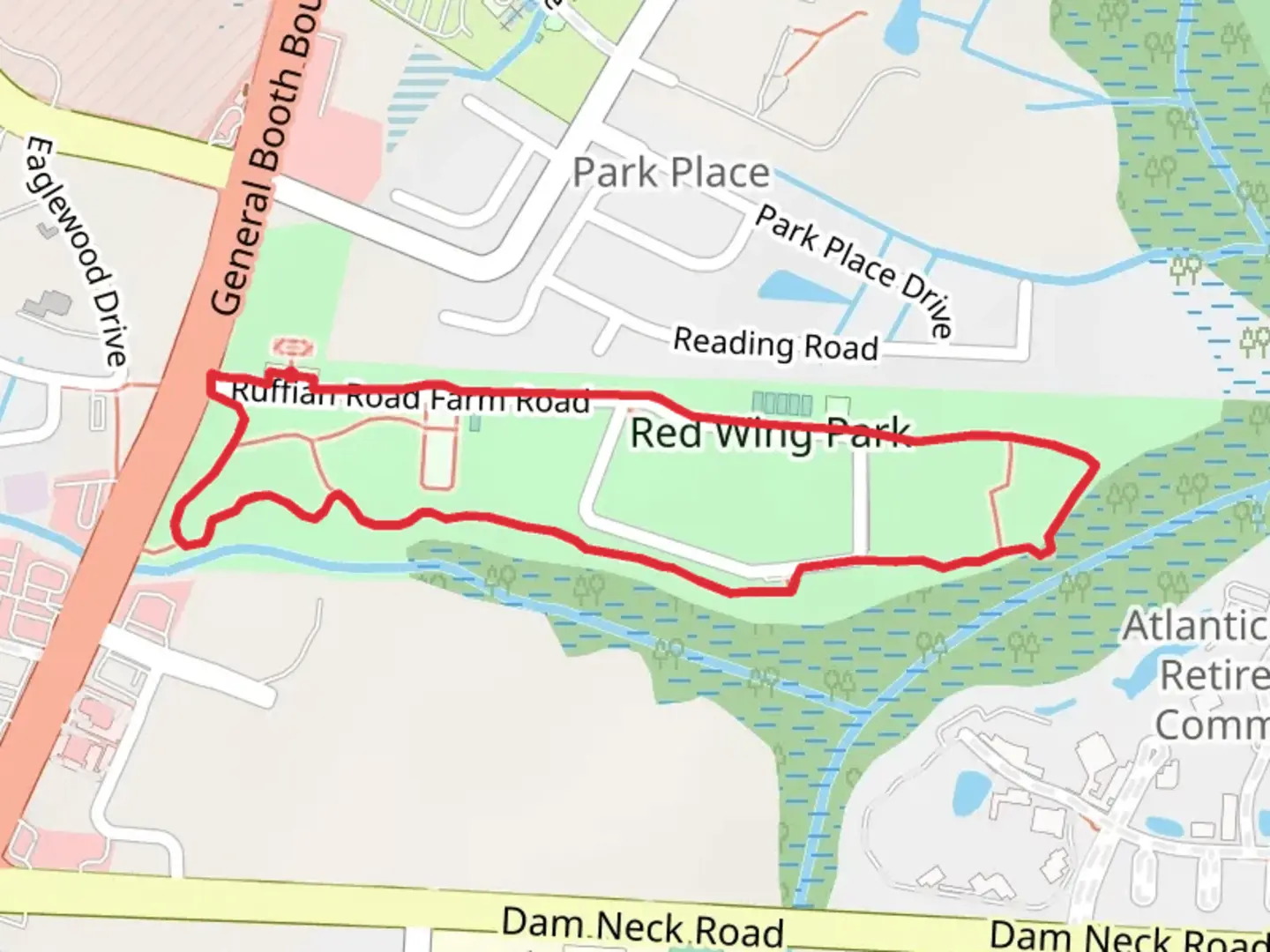 An image depicting the trail Red Wing Park Loop and its surrounding area.