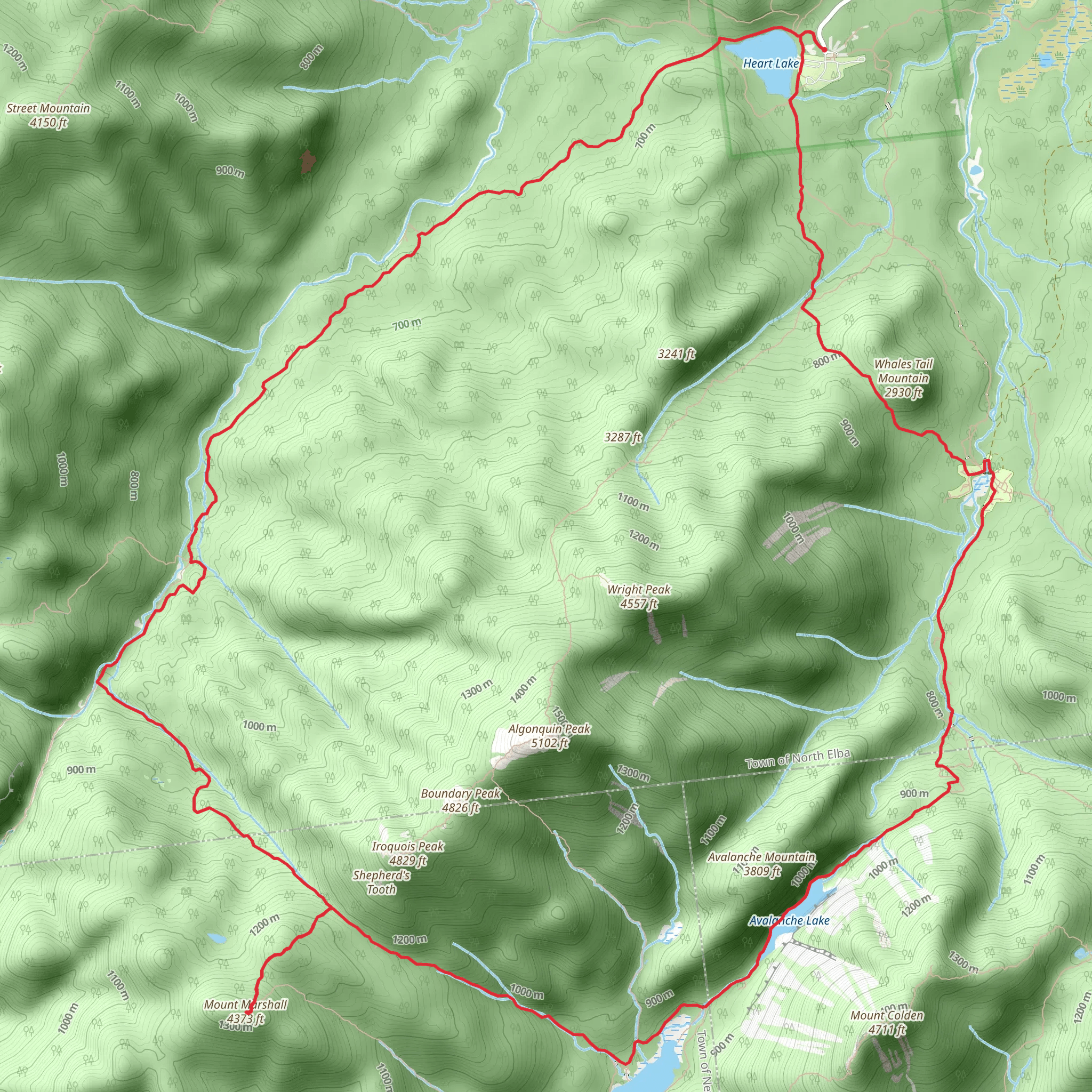 Whales Tail Mountain, Mount Colden, iroquois peak and Mount Mrashal Loop mobile static map