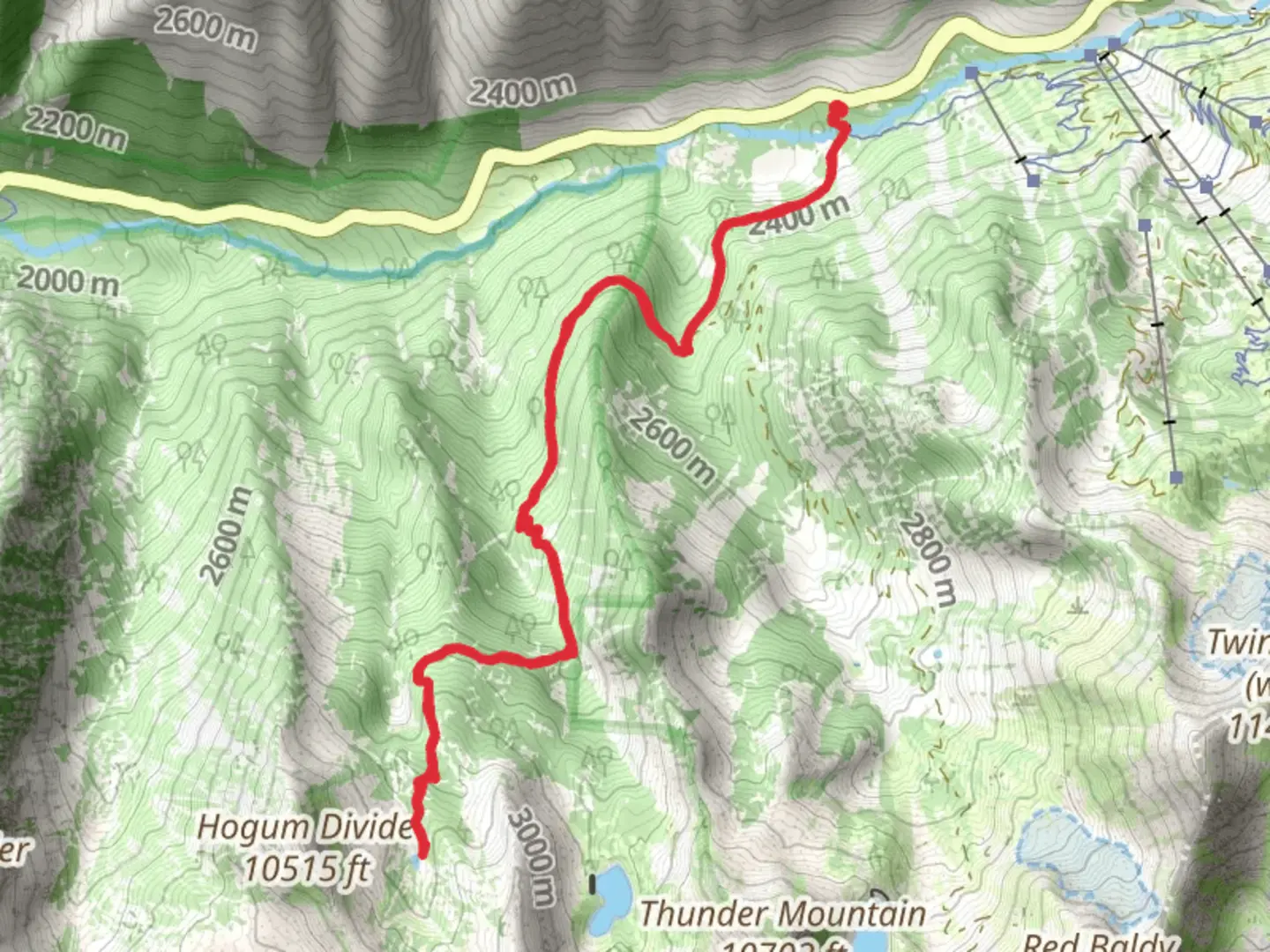 An image depicting the trail Red Pine Trail and Maybird Gulch Trail and its surrounding area.