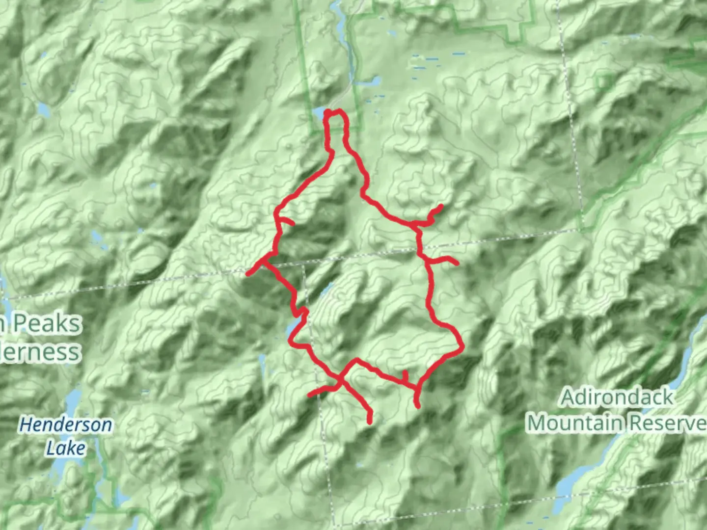 An image depicting the trail Phelps Mountain, Table Top Mountain, Little Marcy, Mount Skylight and Iroquois peak Loop and its surrounding area.
