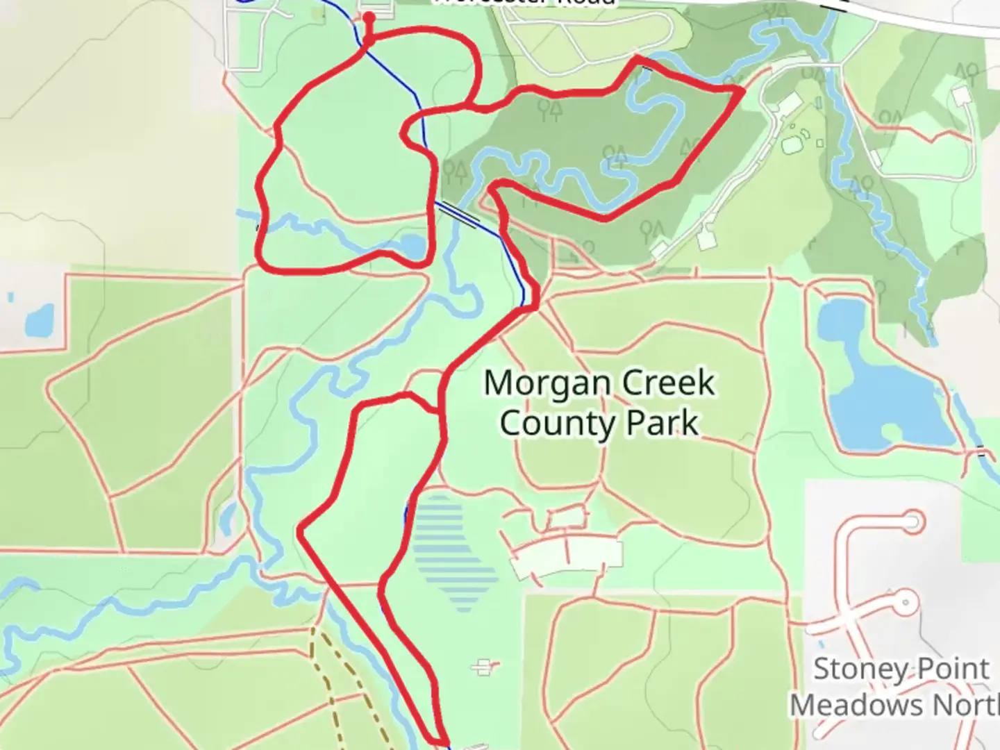 An image depicting the trail Morgan Creek County Park Loop and its surrounding area.