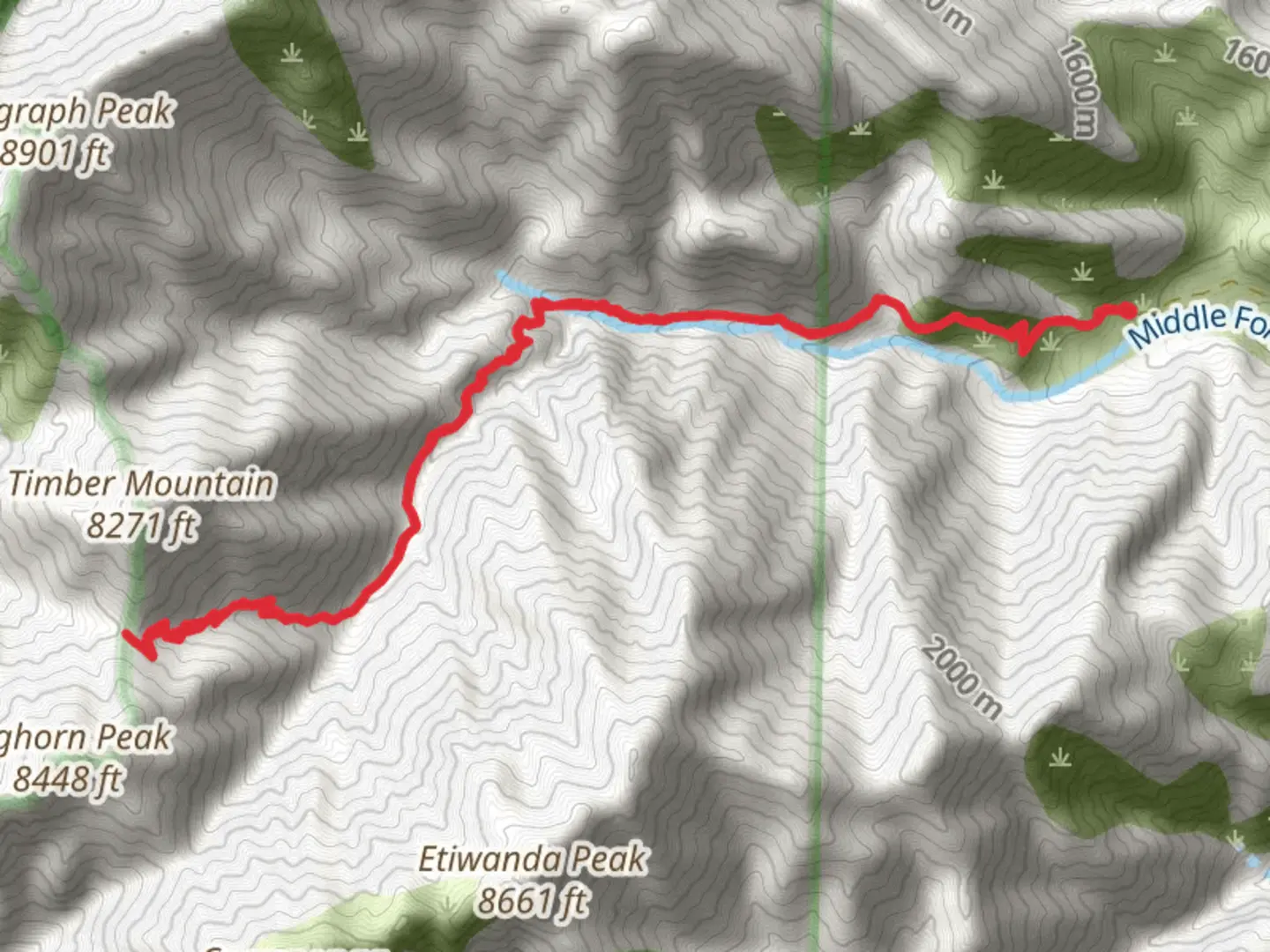 An image depicting the trail Icehouse Saddle via Middle Fork Trail and its surrounding area.