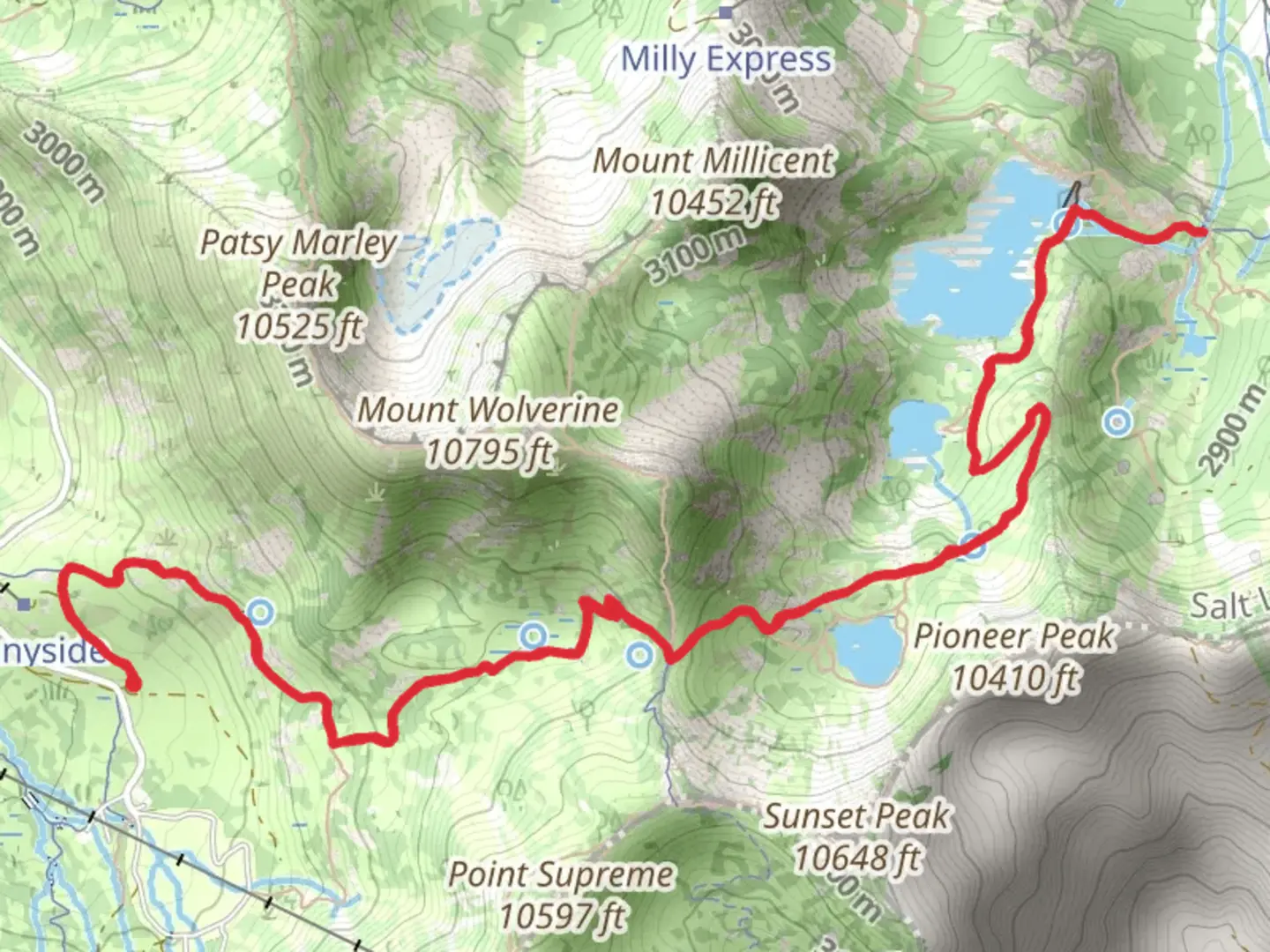 An image depicting the trail Lake Martha and Lake Mary via Catherines Pass Trail and its surrounding area.