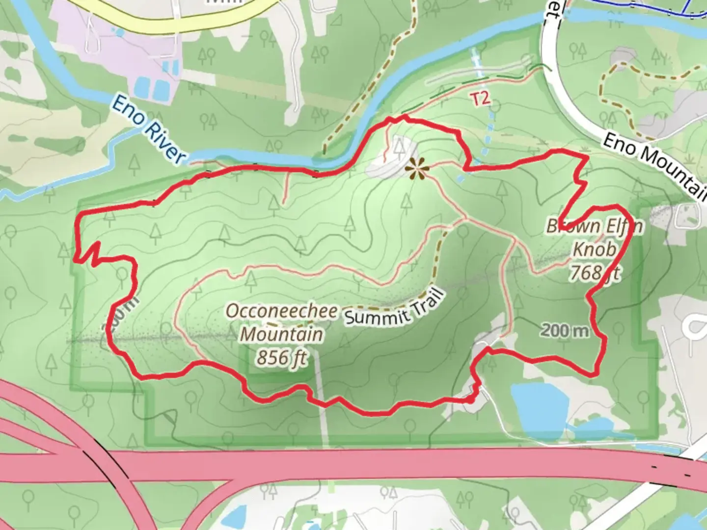 An image depicting the trail Occoneechee Mountain Loop Trail and its surrounding area.