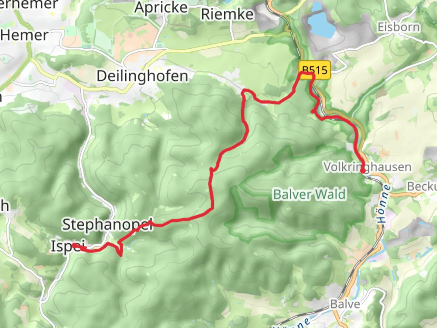 An image depicting the trail Ispei to Volkringhausen via Hoehlenweg and its surrounding area.