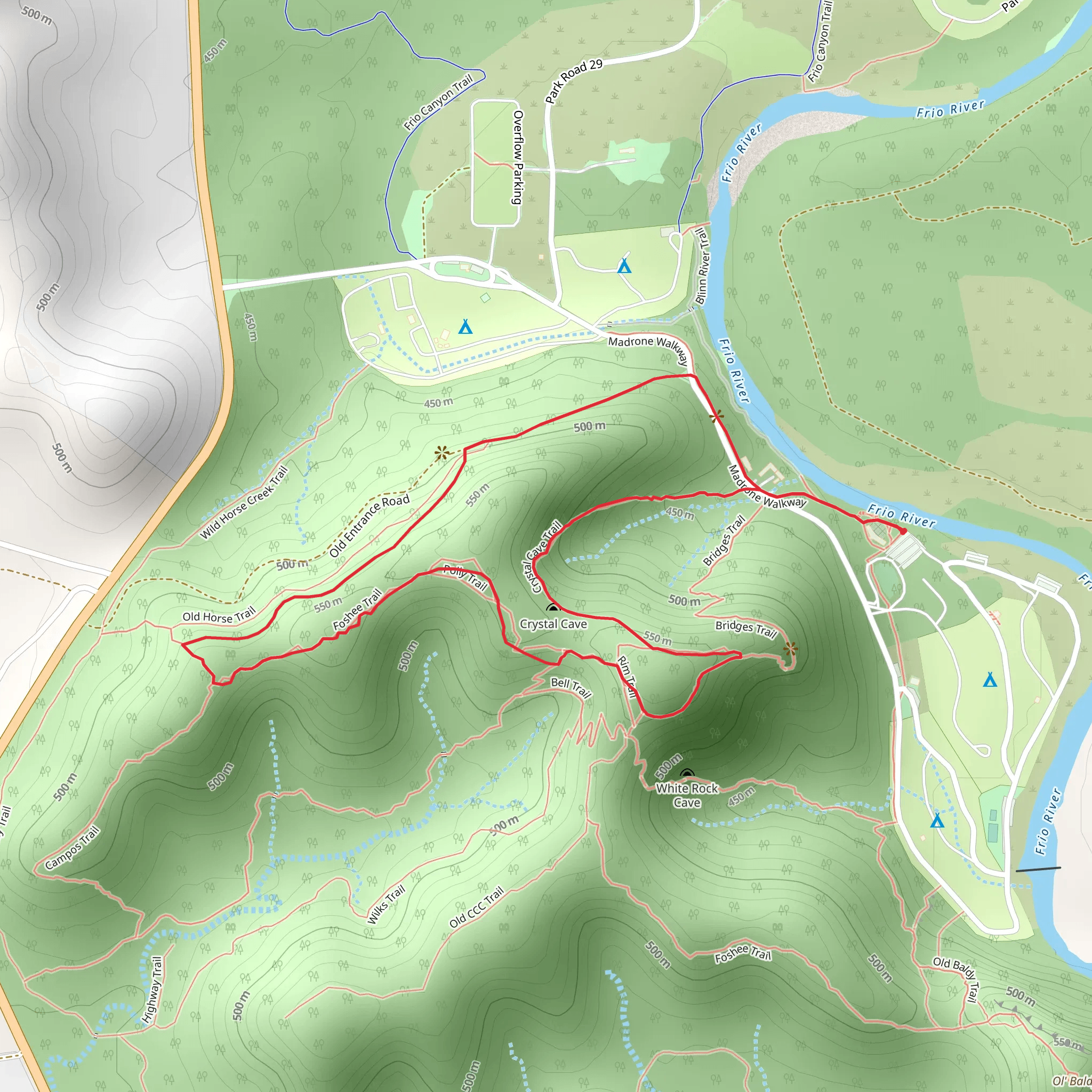 Old Horse Trail, Foshee Trail and Crystal Cave Loop Trail mobile static map