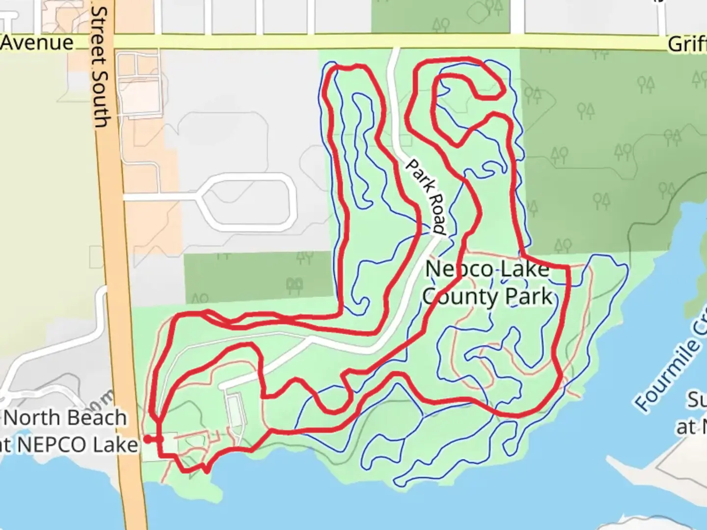 An image depicting the trail Nepco Lake County Park Loop and its surrounding area.