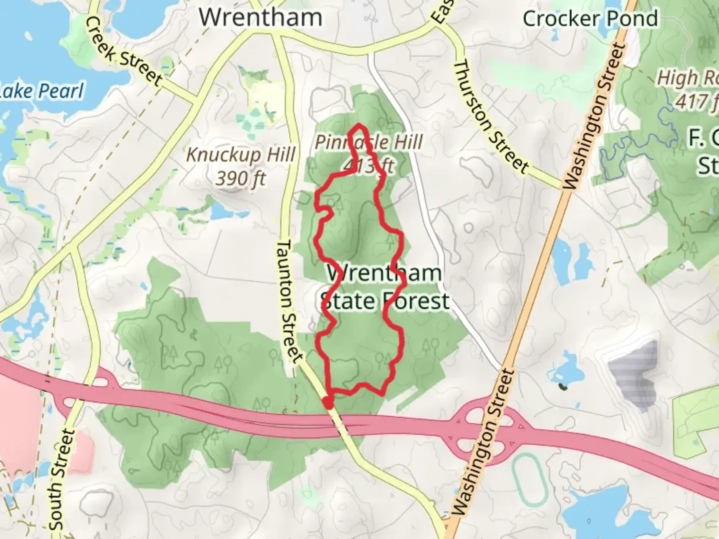 An image depicting the trail The Pinnacle and Wrentham State Forest Loop via Warner Trail and its surrounding area.