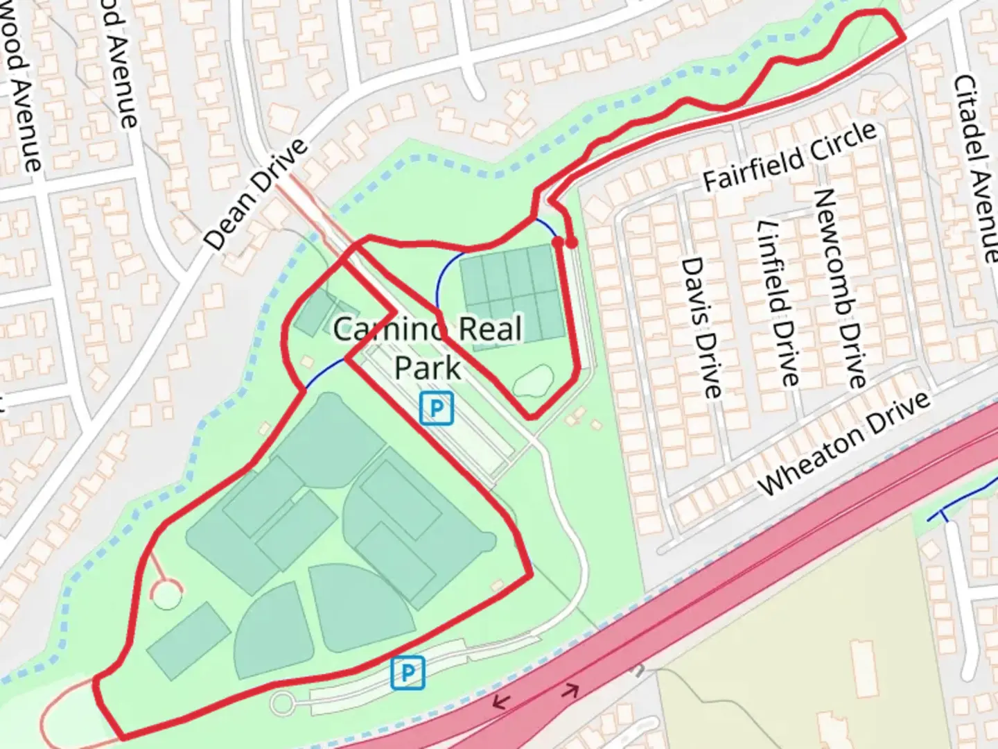 An image depicting the trail Camino Real Park Loop and its surrounding area.