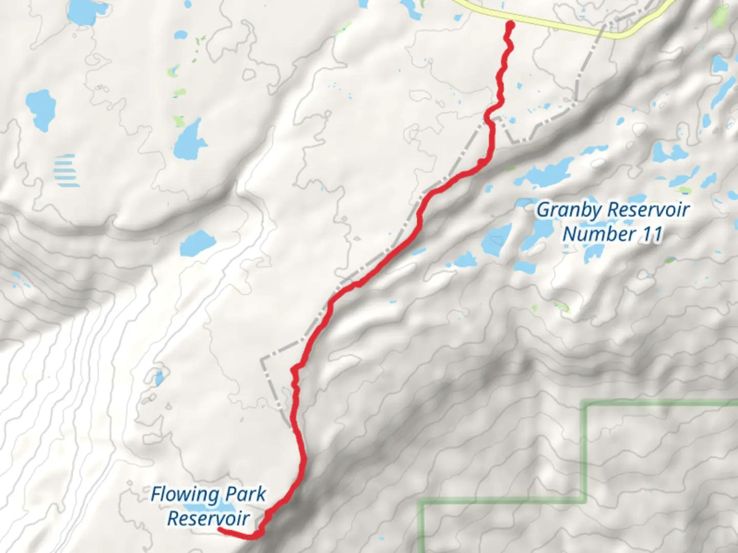 An image depicting the trail Flowing Park Reservoir via Mesa Top Trail and its surrounding area.