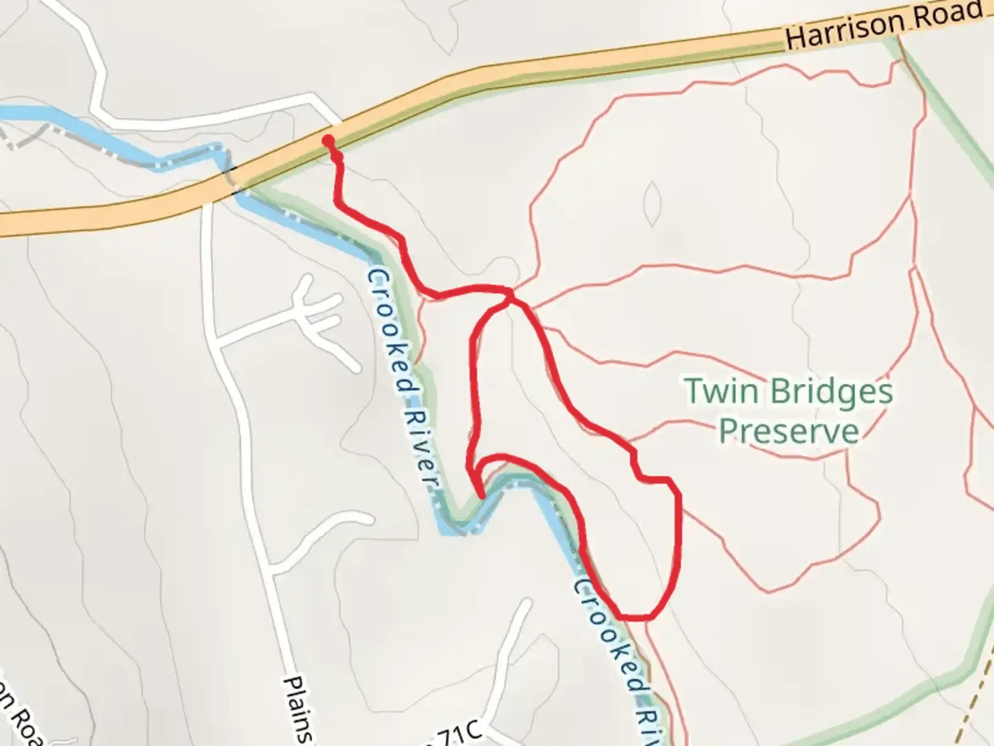 An image depicting the trail Crooked River Loop from Harrison Road and its surrounding area.
