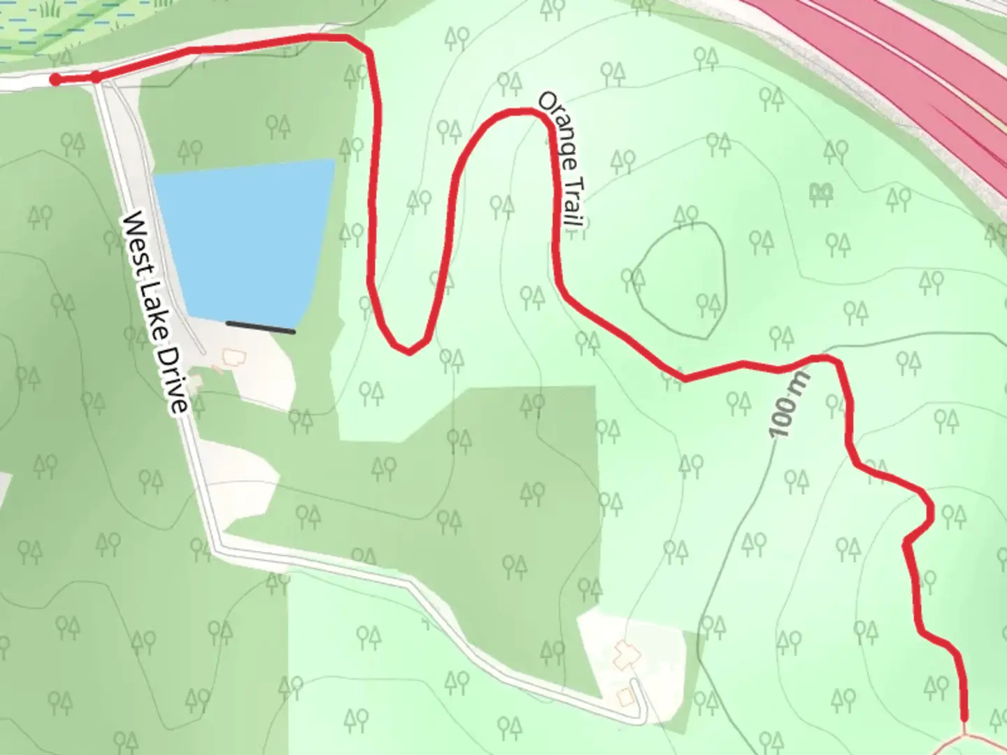 An image depicting the trail Orange Trail from Sheldon Avenue and its surrounding area.