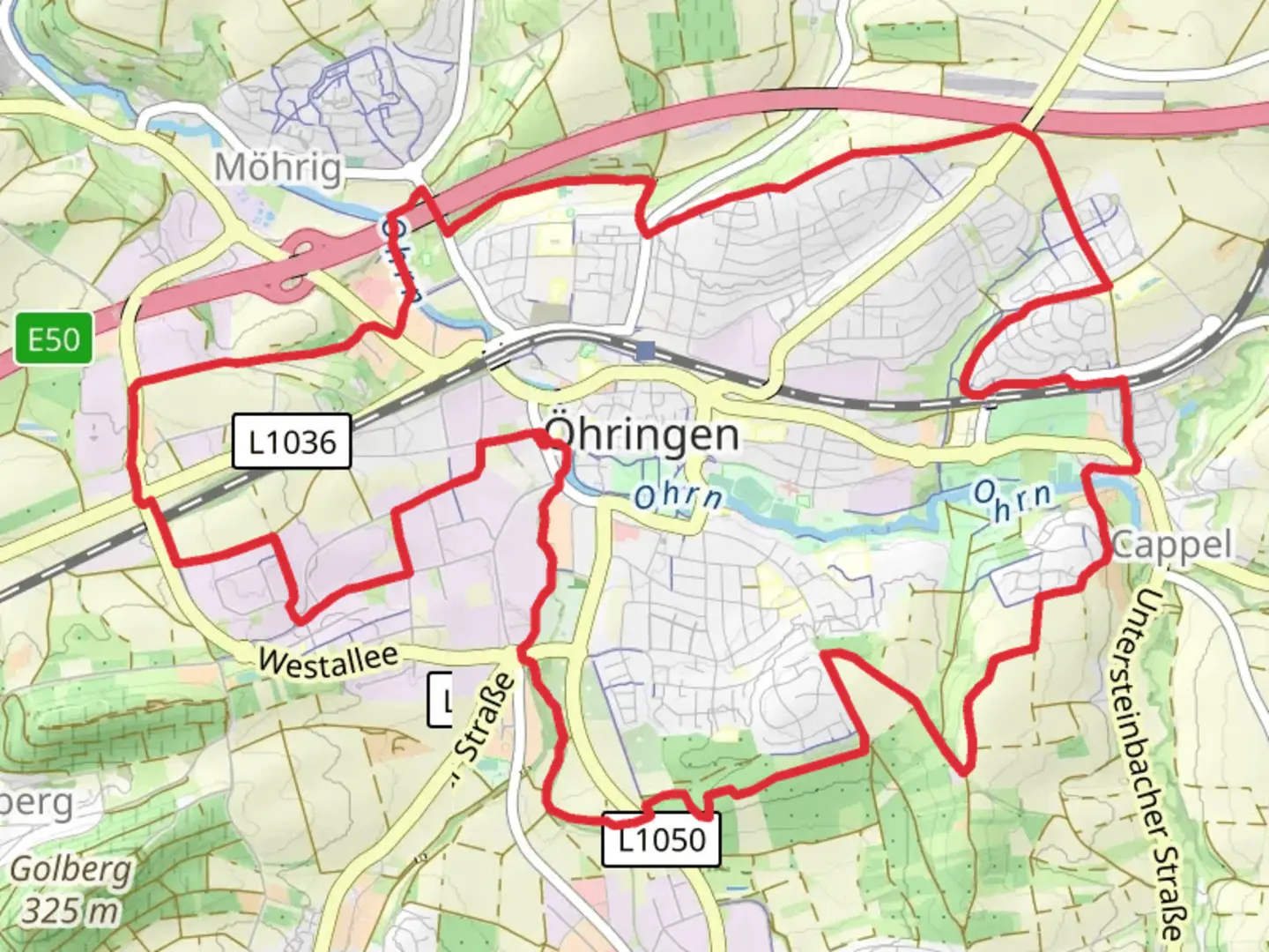 An image depicting the trail Ohringen Circular Walk and its surrounding area.