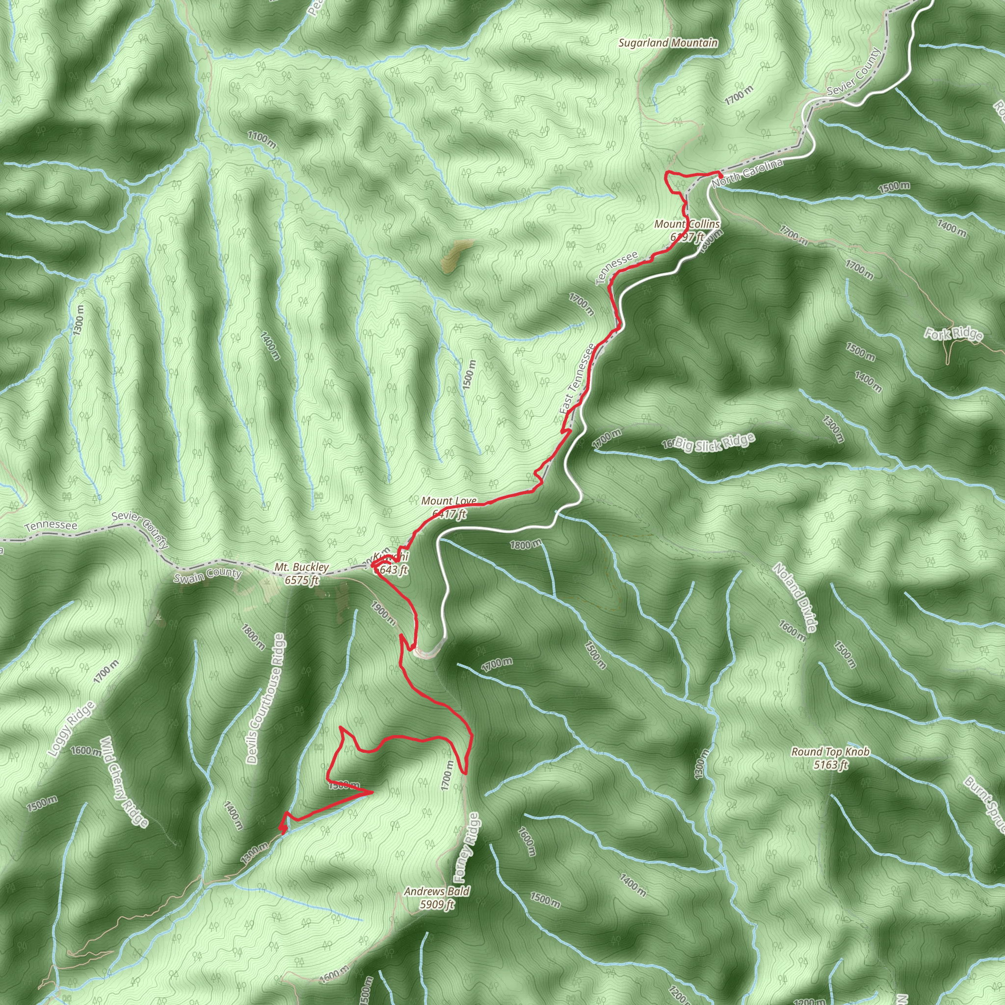 Forney Creek, Forney Ridge and Clingmans Dome via Appalachian Trail mobile static map