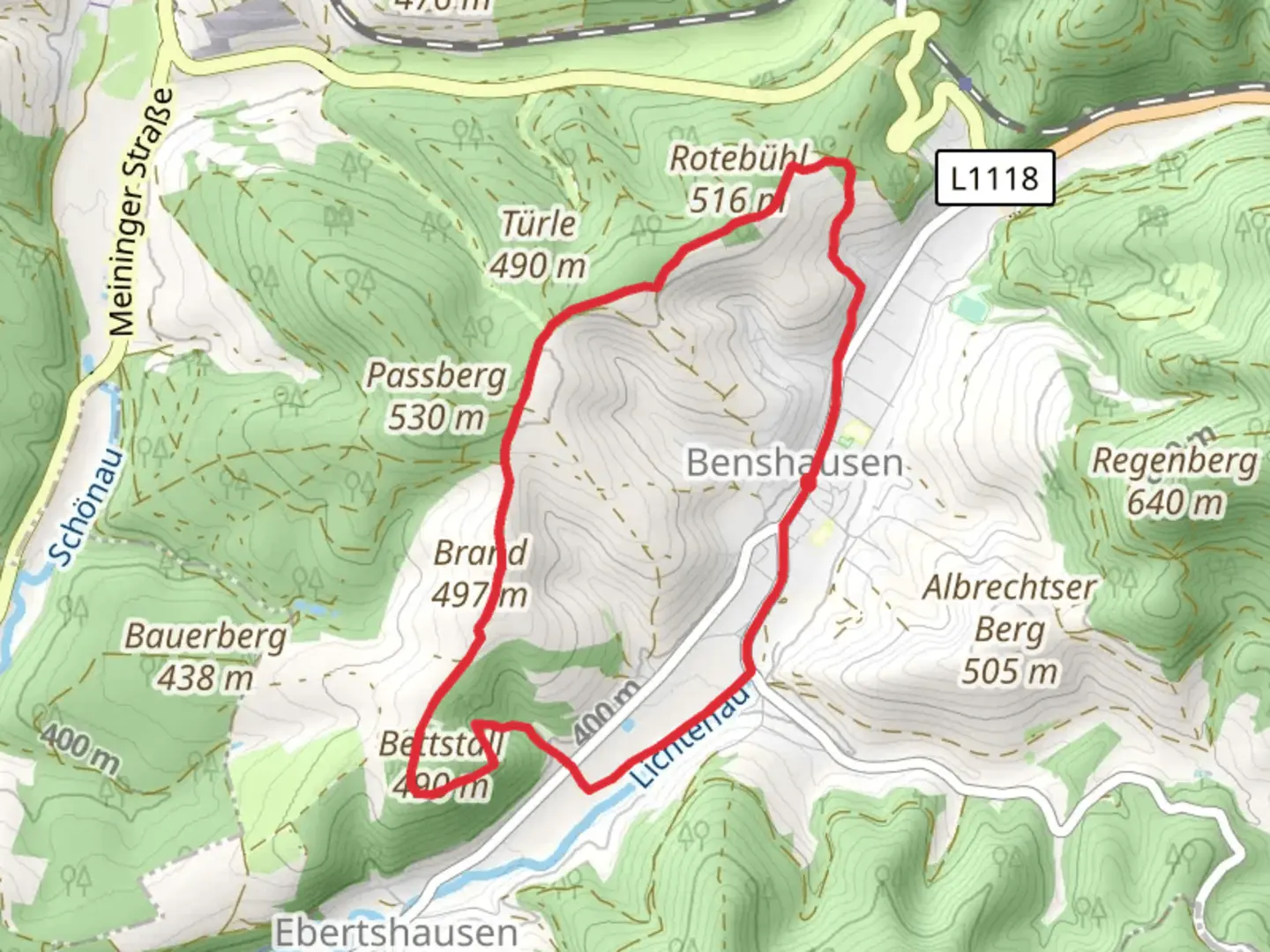 An image depicting the trail Bettstall Loop via Benhausen and its surrounding area.