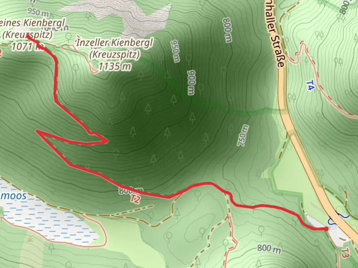 An image depicting the trail Kleines Kienbergl - Kreuzspitz Peak Walk via Brennatsteig and its surrounding area.