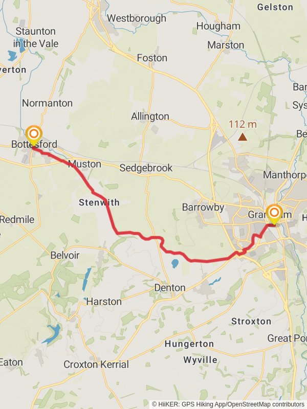 Map of Bottesford to Grantham along Grantham Canal, Leicestershire