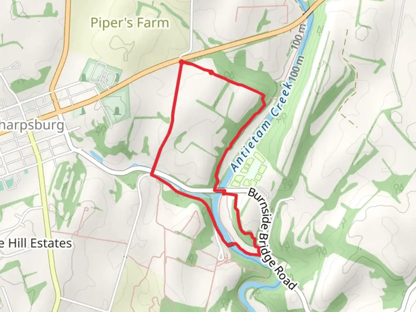 An image depicting the trail Sherrick Farm, Union Advance and Old Burnside Bridge Road Loop Trail and its surrounding area.