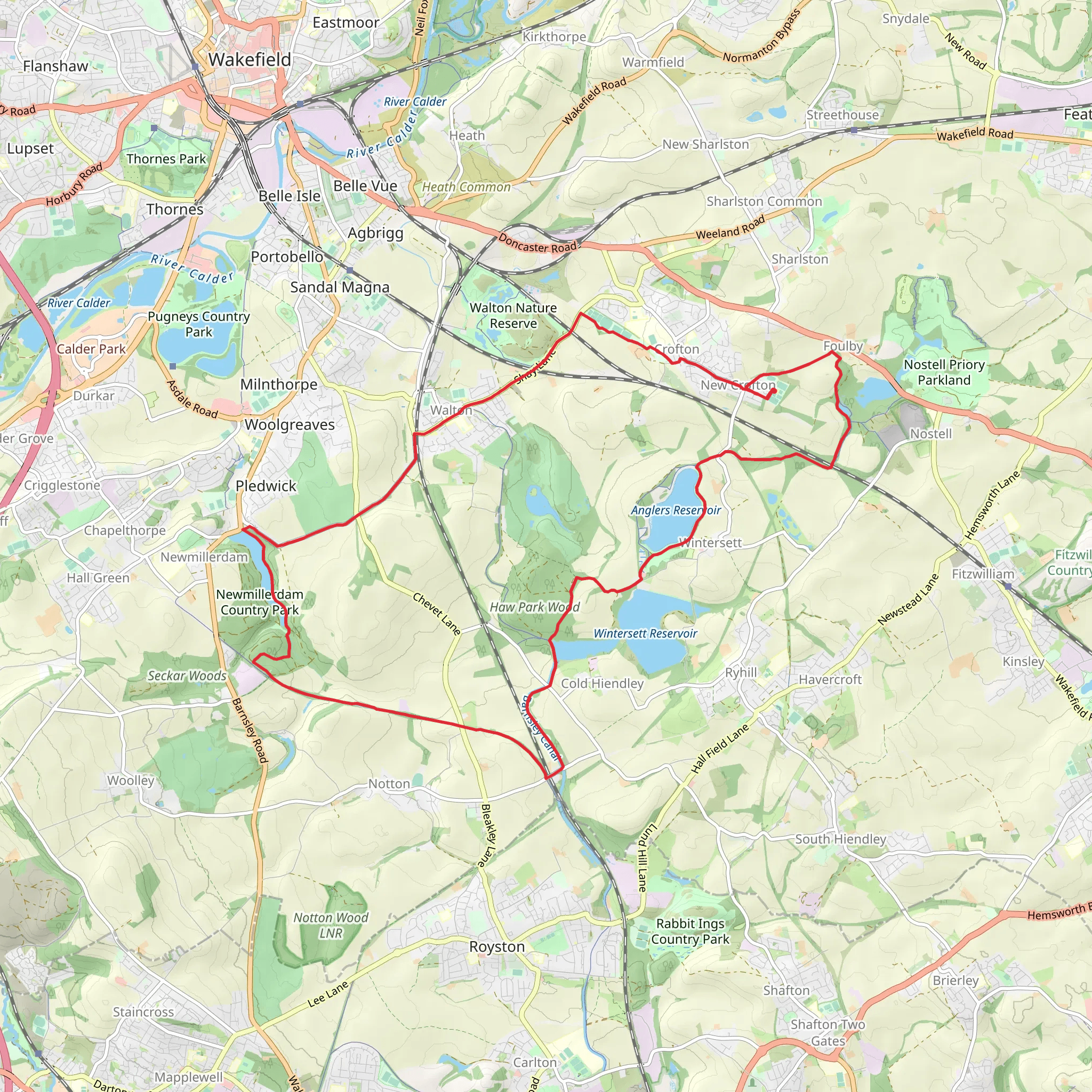New Crofton and Cold Hiendley Loop via Wintersett Reservoir and Newmillerdam mobile static map