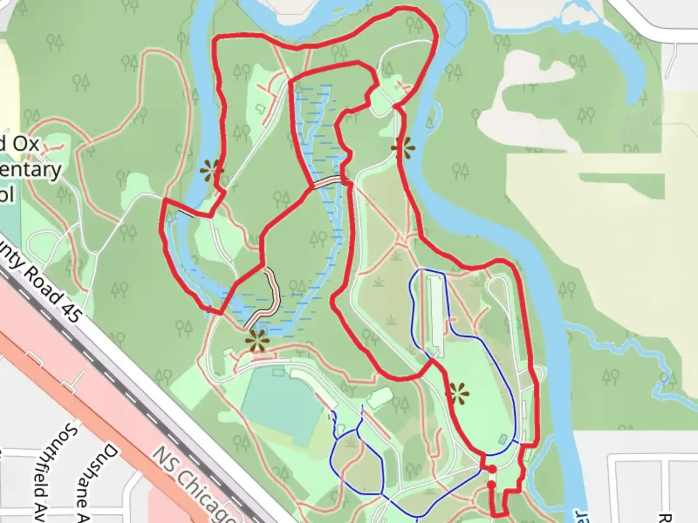 An image depicting the trail Ox Bow County Park Loop and its surrounding area.