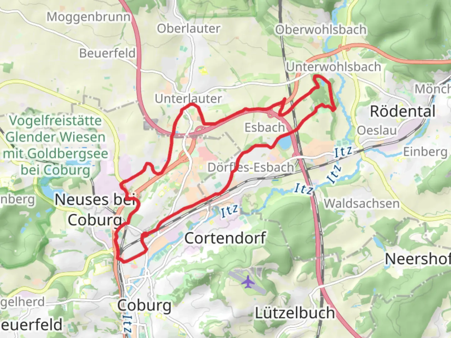 An image depicting the trail Coburg and Schlobpark Rosenau Loop and its surrounding area.