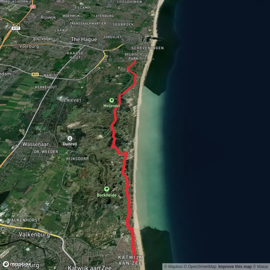 An image depicting the trail Kaatwijk aan Zee to Belgisch via Tafelberg and Koningsbosch and its surrounding area.